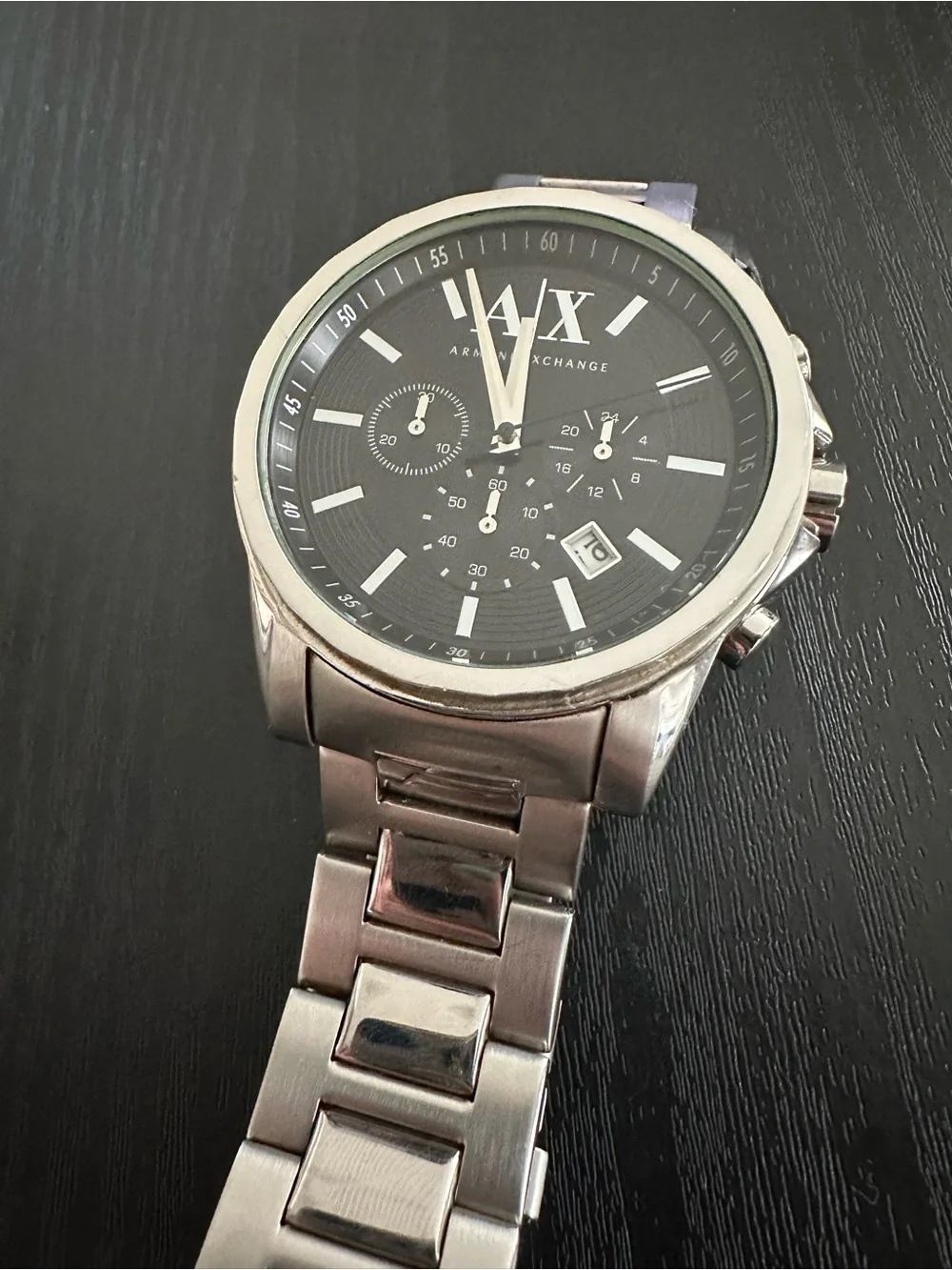 Armani Exchange Silver-Tone Bracelet Watch with Black Dial 42mm